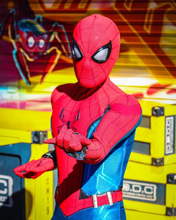 Image of Spider-Man looking towards the camera with his right hand pointed outward.