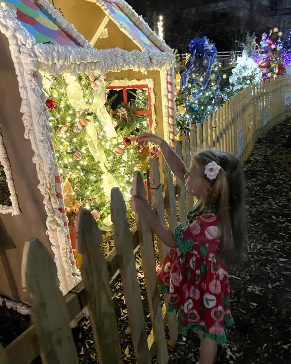 Little girl reaches towards a lit up Christmas tree