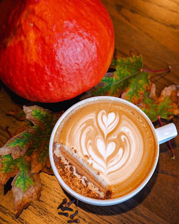 An espresso latte with a cinnamon stick next to a pumpkin in a cozy autumnal scene
