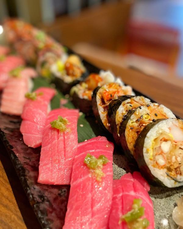 Wooden tray of sushi selection