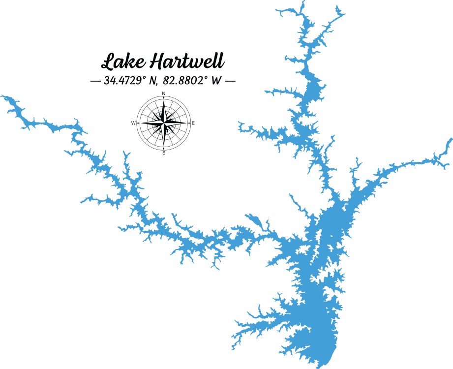 A vector outline graphic depiction of Lake Hartwell along with its central coordinates.