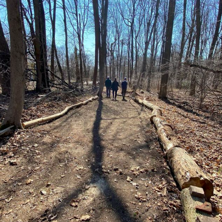 A group of people walking a path in the D&R greenway trust site near Princeton, NJ.
