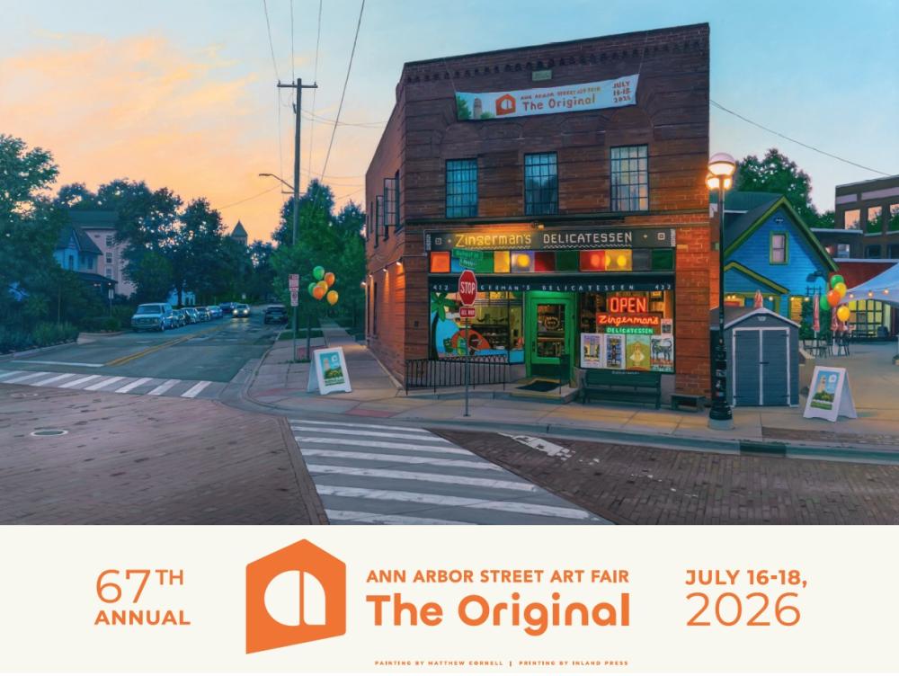 Ann arbor art fair featured artist art fair poster showcasing the exterior of a brick building during the sunset.