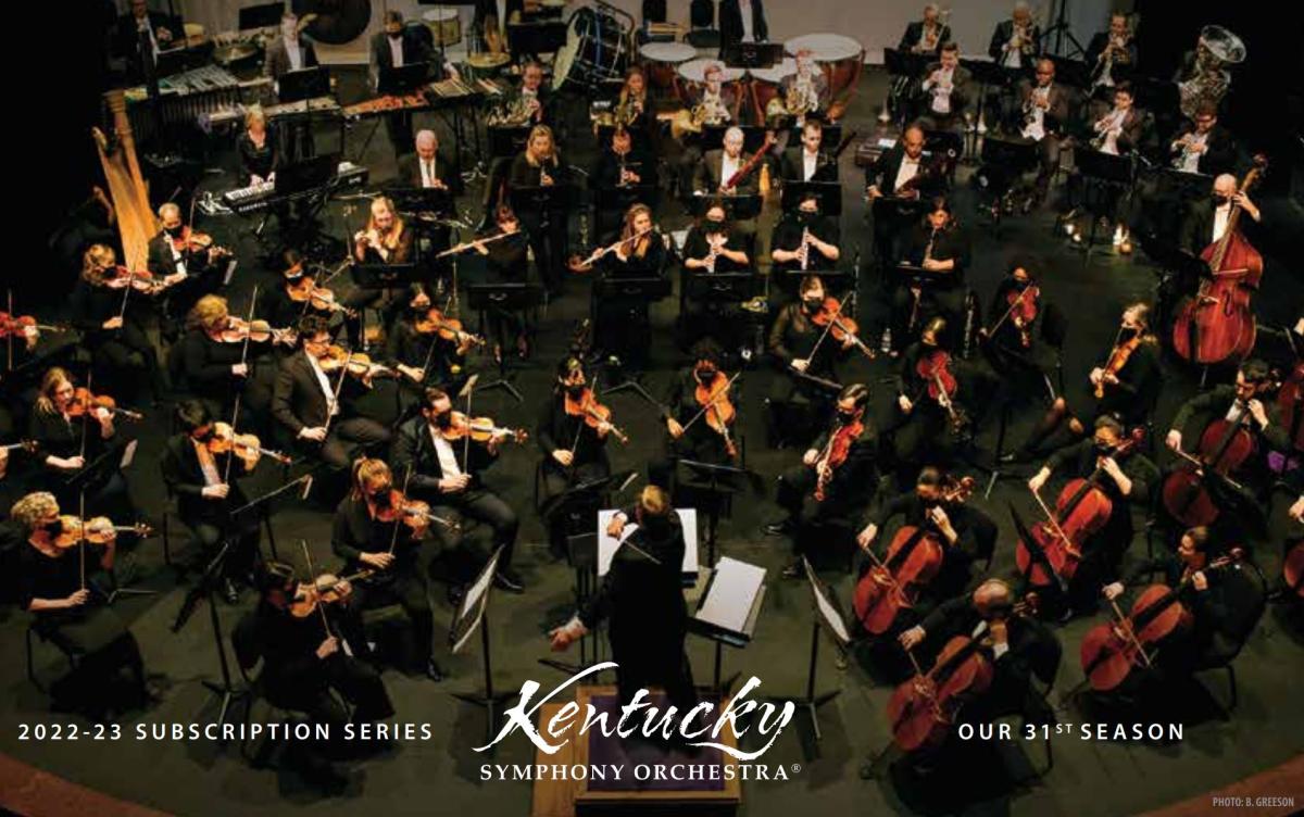 Image is of the orchestra playing with the words 2022-2023 Subscription Series, Kentucky Symphony Orchestra