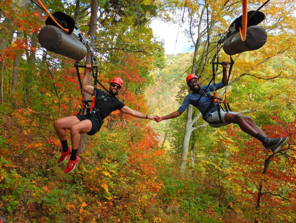 Two men holding hands ziplining through forest with fall-colored leaves at Navitat