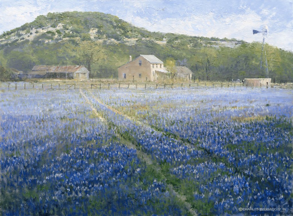 Print by Charles Beckendorf of a Hill Country homestead with bluebonnets