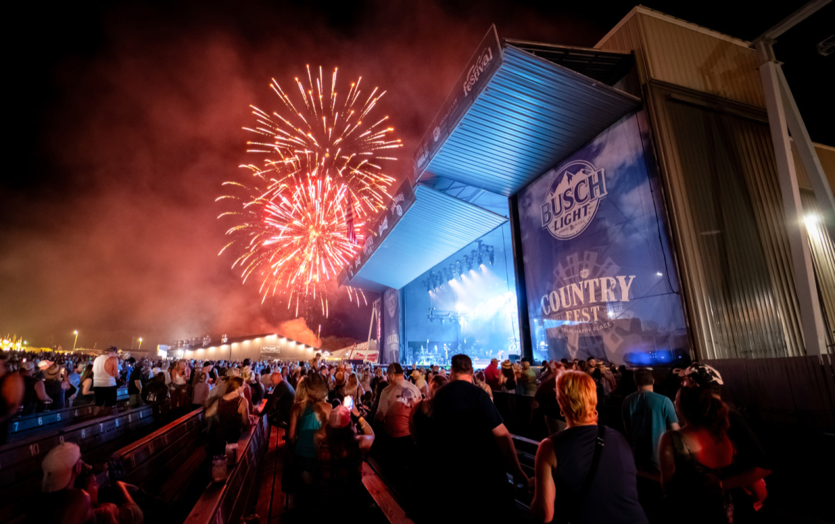 The stage at night at Country Fest in Cadott, WI with fireworks in the background