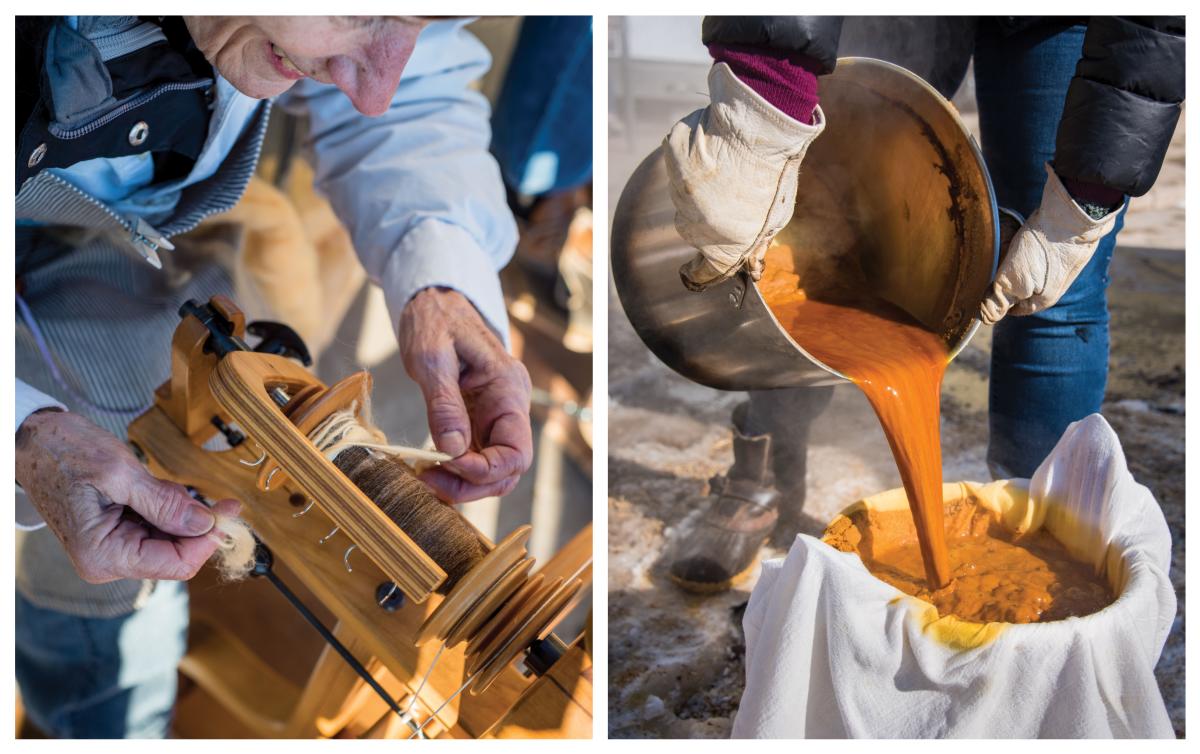 Workshop participants spin wool and dye it.