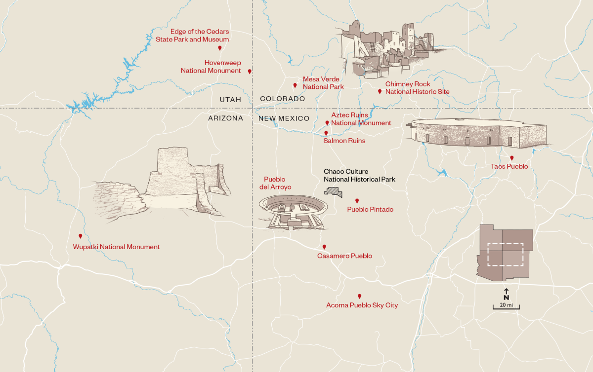 Map illustrating key historical and cultural sites in the Four Corners region, including Chaco Culture Park, Mesa Verde, and Taos Pueblo, with markers and drawings.