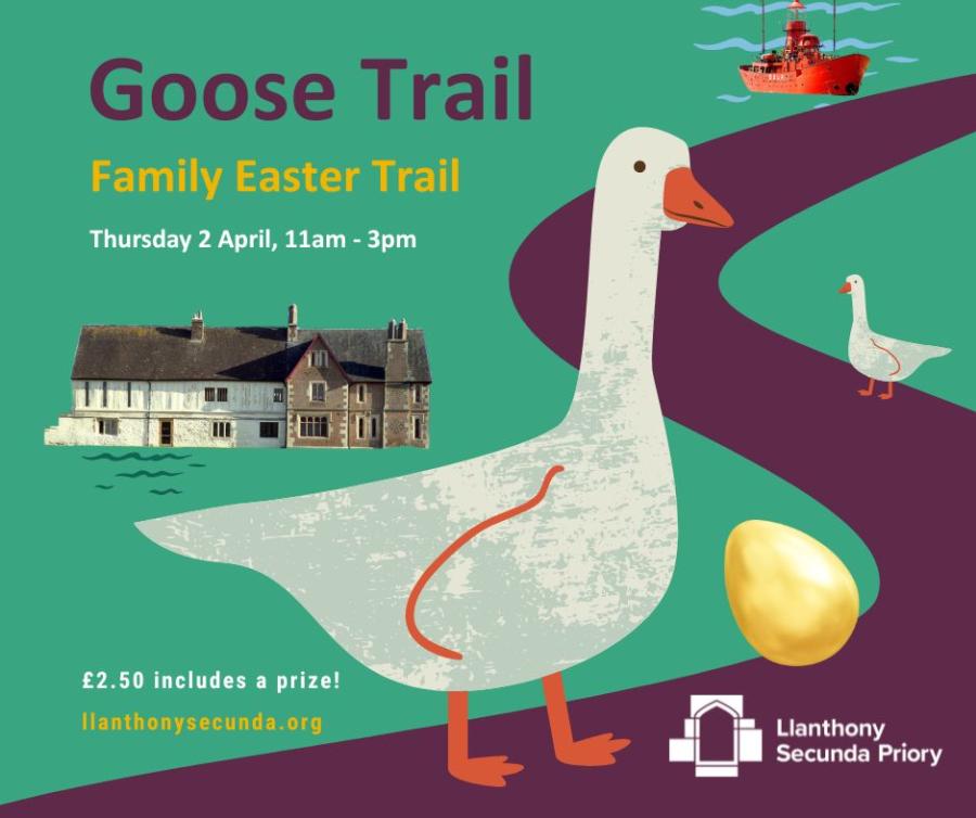Artwork showing the Llanthony Secunda Priory and a goose with golden egg