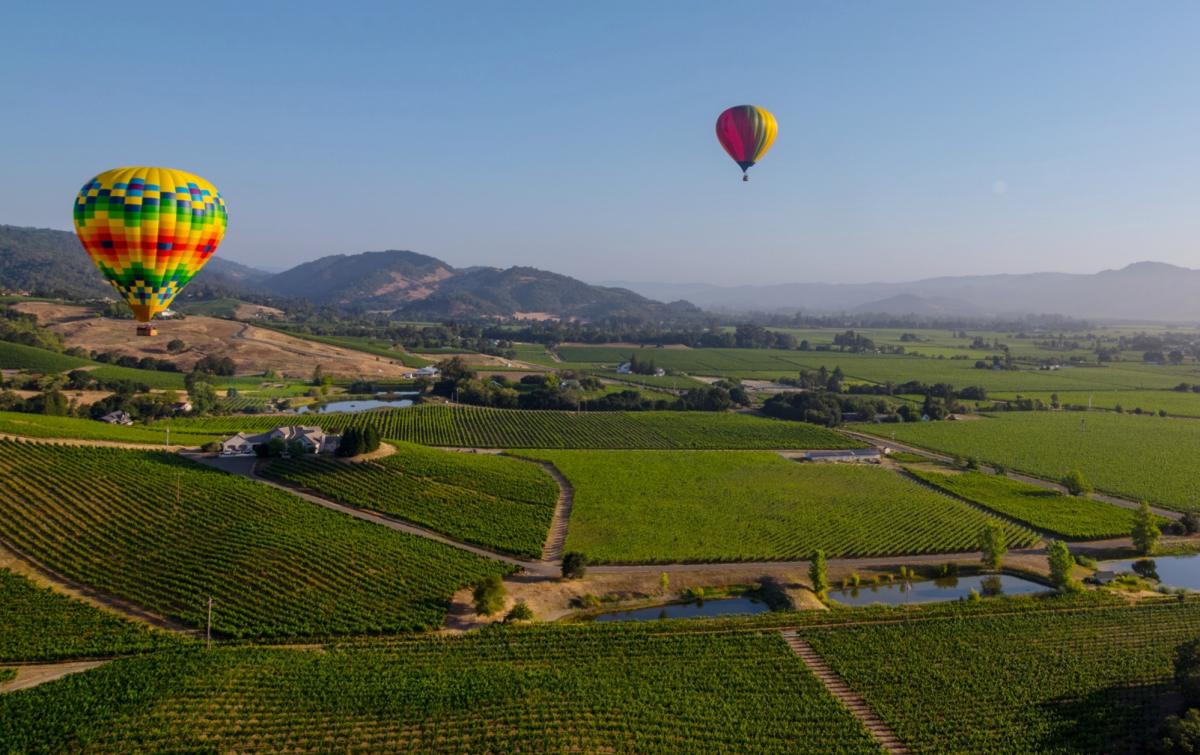 Hot air balloons float over Napa Valley
