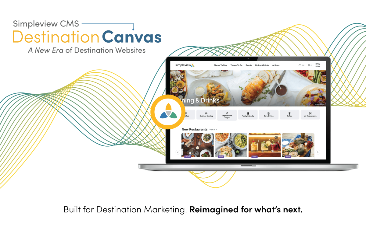 Simpleview CMS Destination Canvas website platform displayed on a laptop, featuring a destination tourism homepage with colorful wave graphics.