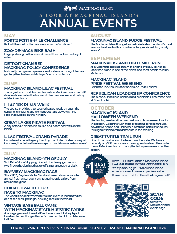 A list of annual events on Mackinac Island including the Lilac Festival, Halloween Weekend and more
