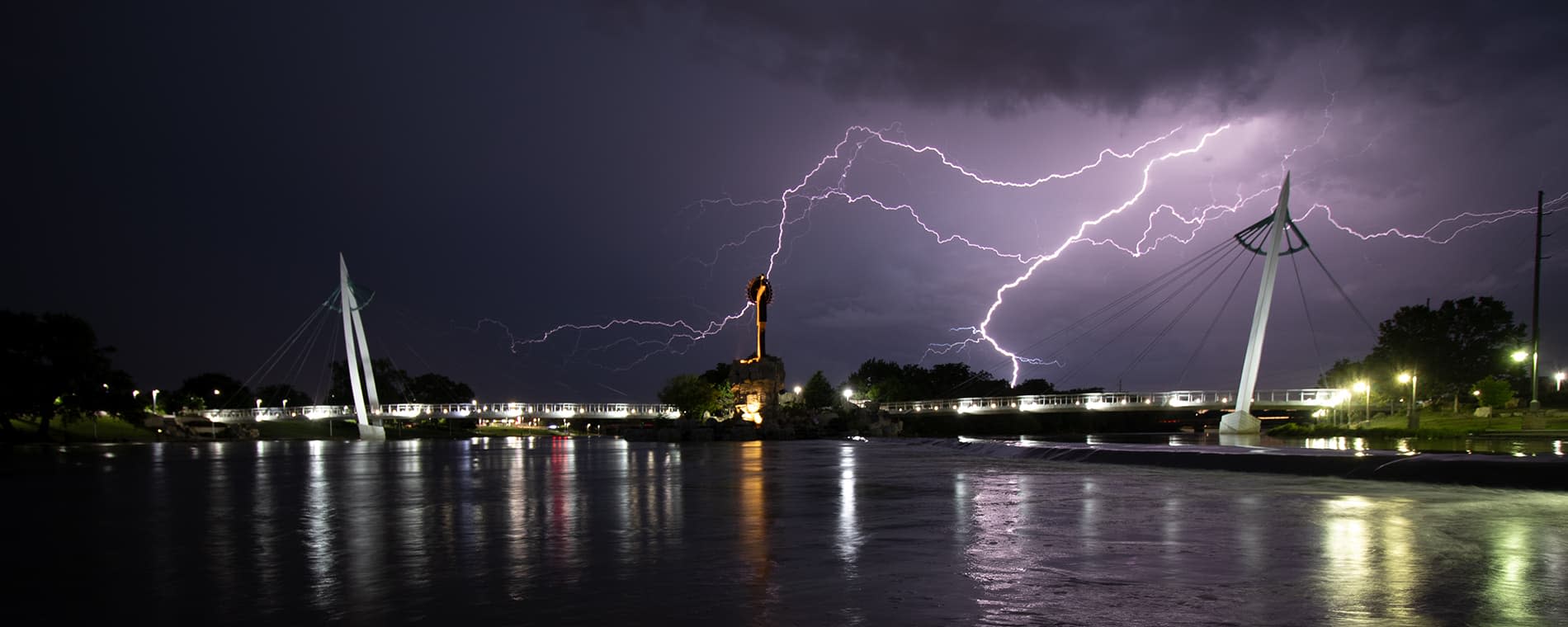 Keeper of the Plains at night with lightning