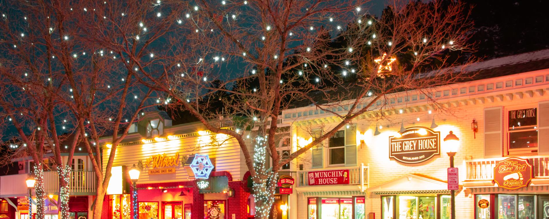 Christmas Lights line Elkhorn Avenue in Downtown Estes Park