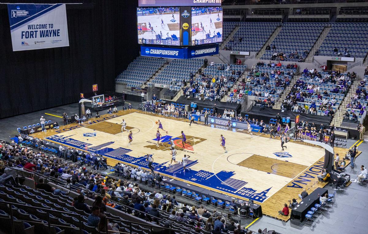 Aerial view of the arena at the Memorial Coliseum with a focus on the basketball court during NCAA DIII Men's Basketball