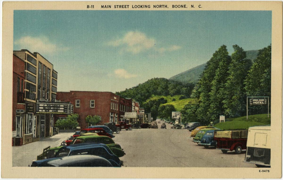 Artistic rendering of Main Street (now known as King Street) on a Boone, NC postcard from the 1940s/50s.