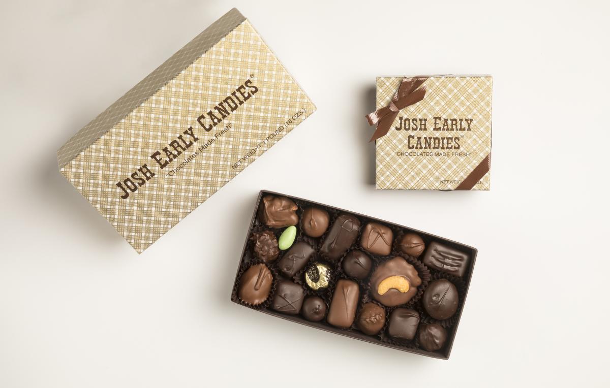 Opened box of chocolate from Josh Early Candies in Lehigh Valley, PA