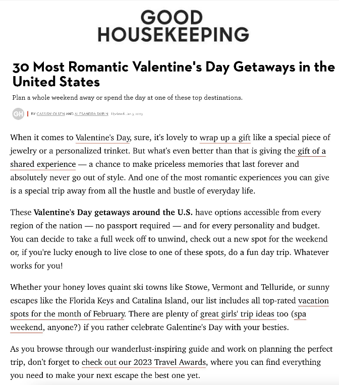 Good Housekeeping 30 Most Romantic Valentine's Day Getaways