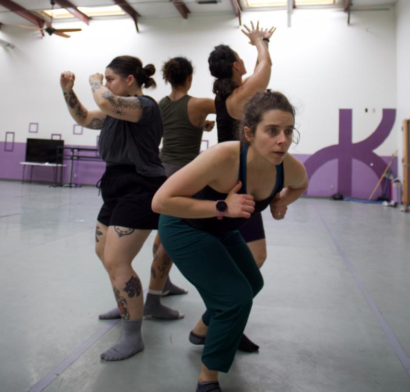 Four people rehearse during a class at Keshet Dance.