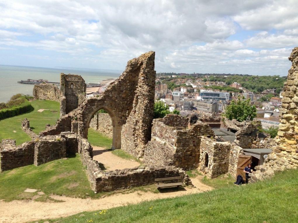 view of Hastings castle ruins with town in the background