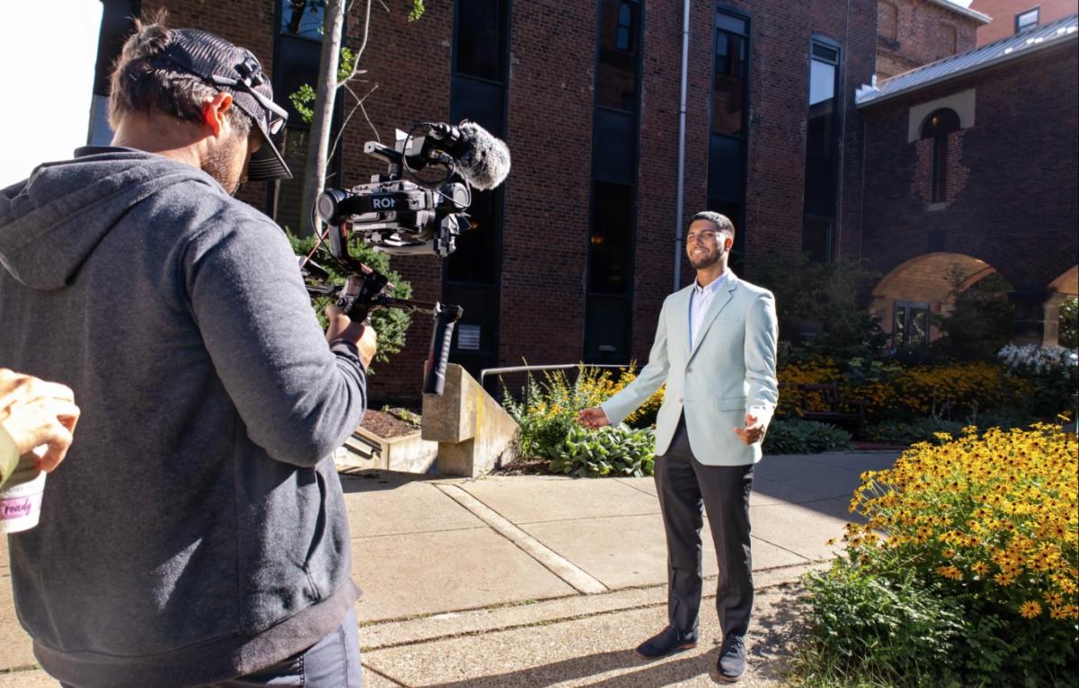 David Rahaman speaks about Saint Vincent College during filming for “The College Tour.”