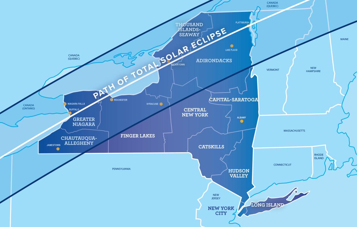 A graphic showing the path of the total solar eclipse across New York State