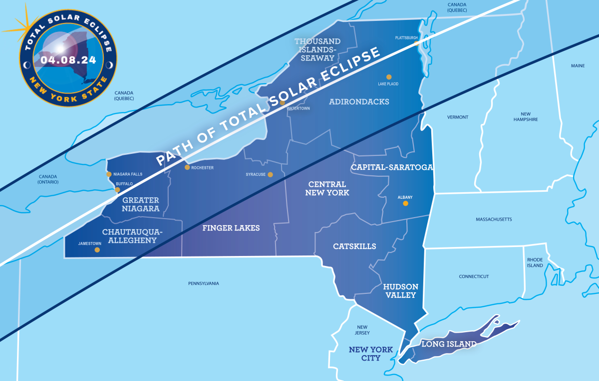 A graphic showing the path of the total solar eclipse across New York State