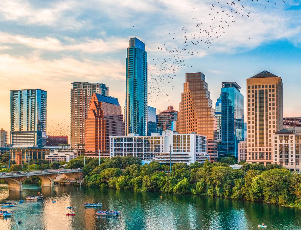 bats flying from the congress bridge in front of Austin skyline at sunset