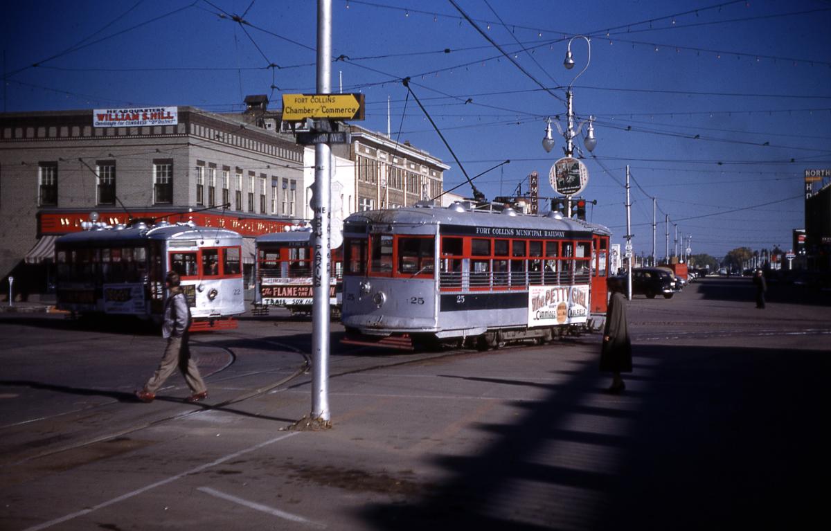 historic picture of trolleys passing each other on mountain ave