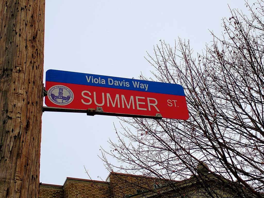Street sign for Viola Davis Way in Central Falls.