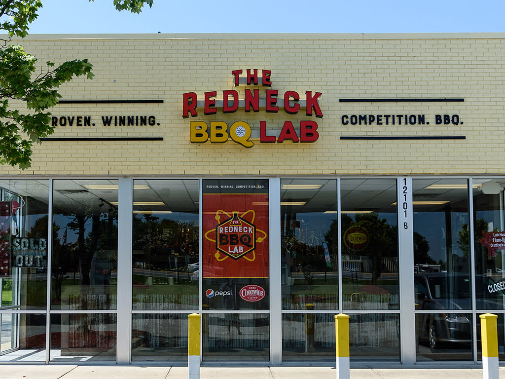 Exterior shot of the Redneck BBQ Lab restaurant in Benson, NC.