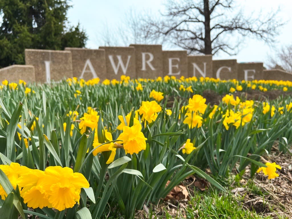 Lawrence Welcome Sign Daffodils Spring