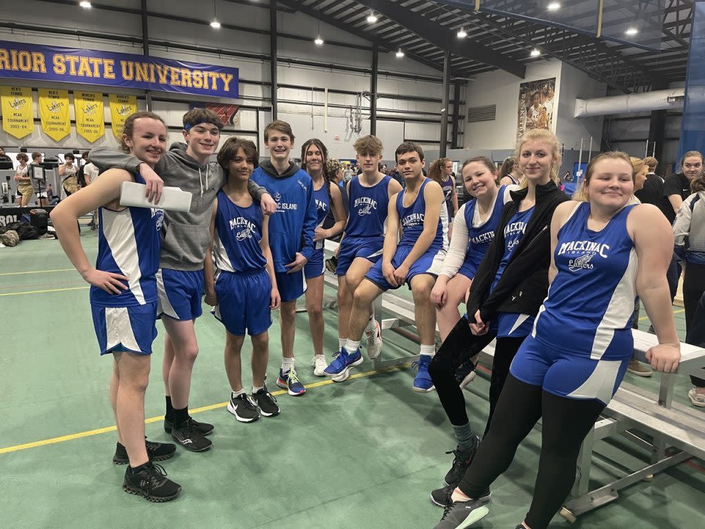 The Mackinac Island Public School track team poses for a photo during a meet at Lake Superior State University. 