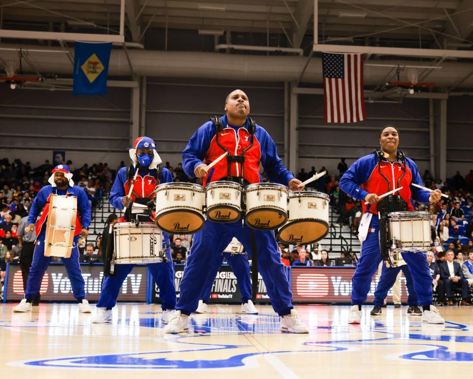 The 76ers Stixers perform at halftime of a Blue Coats game.