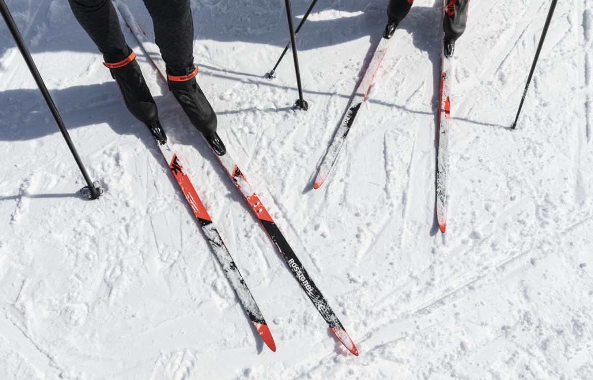 Top-down close-up of cross country skis