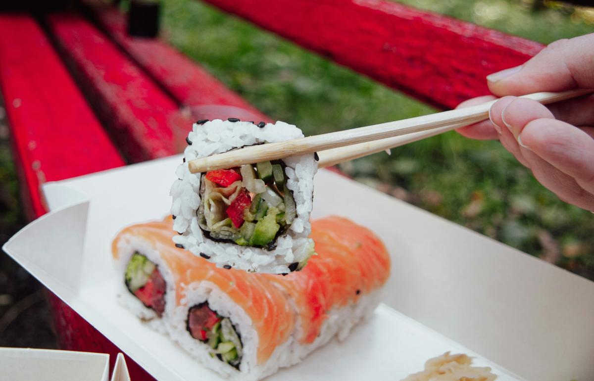 Sushi Roll on a park bench
