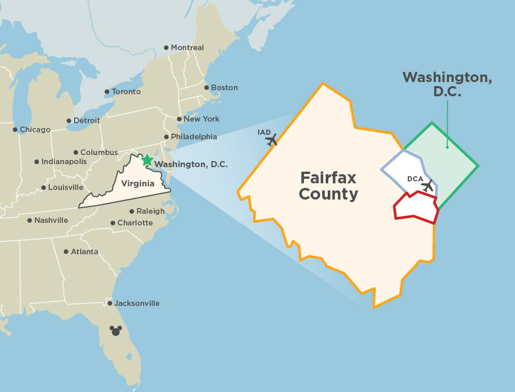 East Coast U.S.A. calling out Fairfax County, Virginia with other major cities also visible