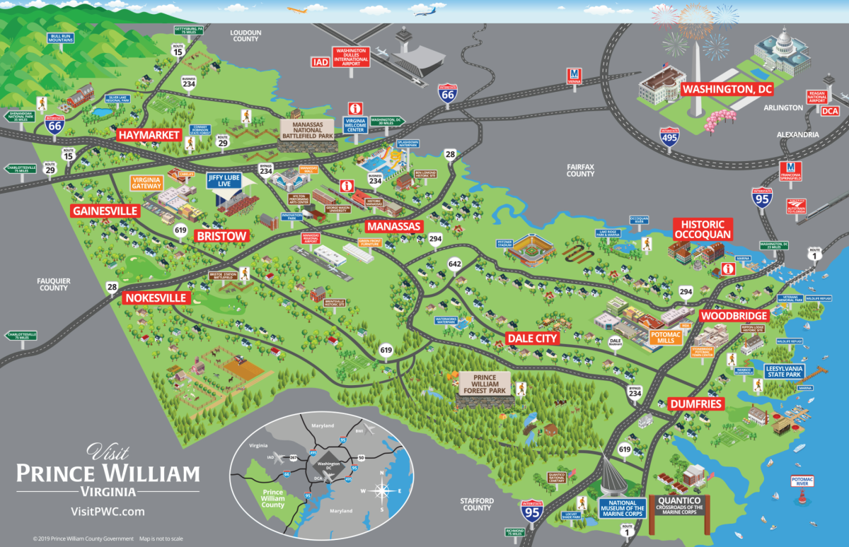 This is a map of Prince William, Virginia. The image illustrates the many towns in Prince William County. If you would like assistance, please call (703)491-4045 to assist with finding locations in Prince William County.