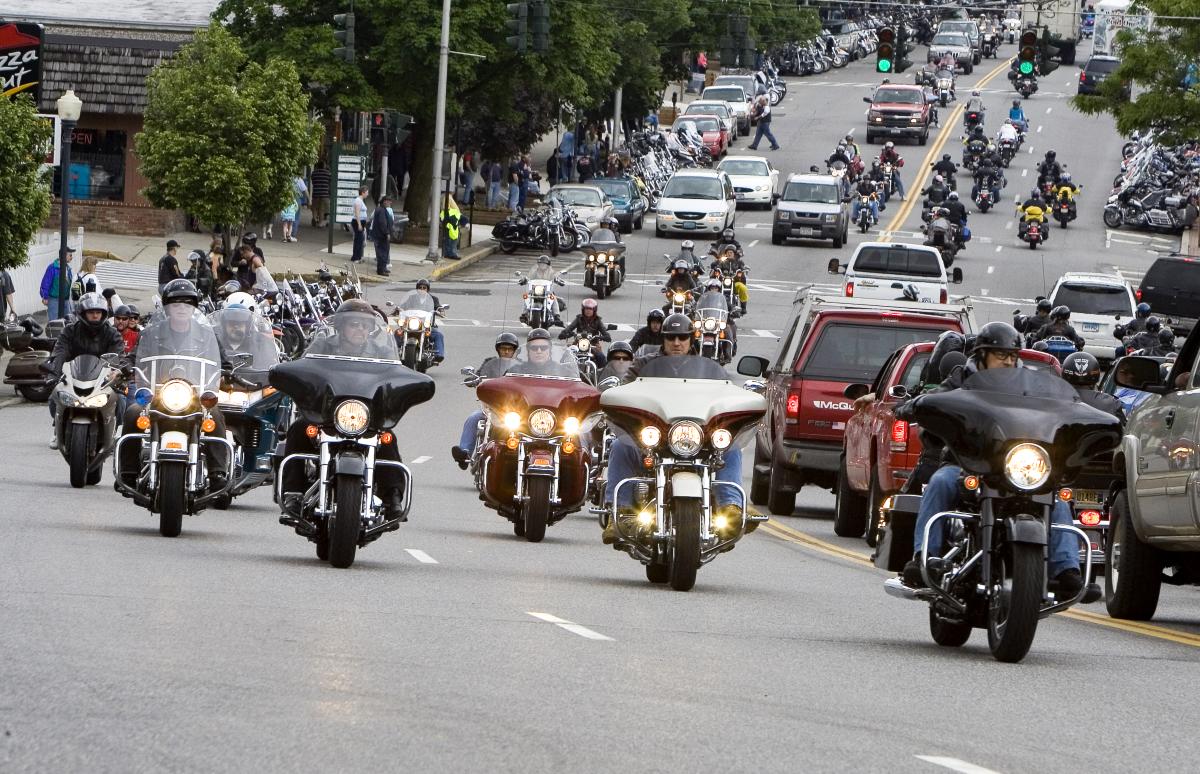 Group of motorcycle riders traveling together on a cloudy day headed towards the Americade motorcycle in Lake George, New York