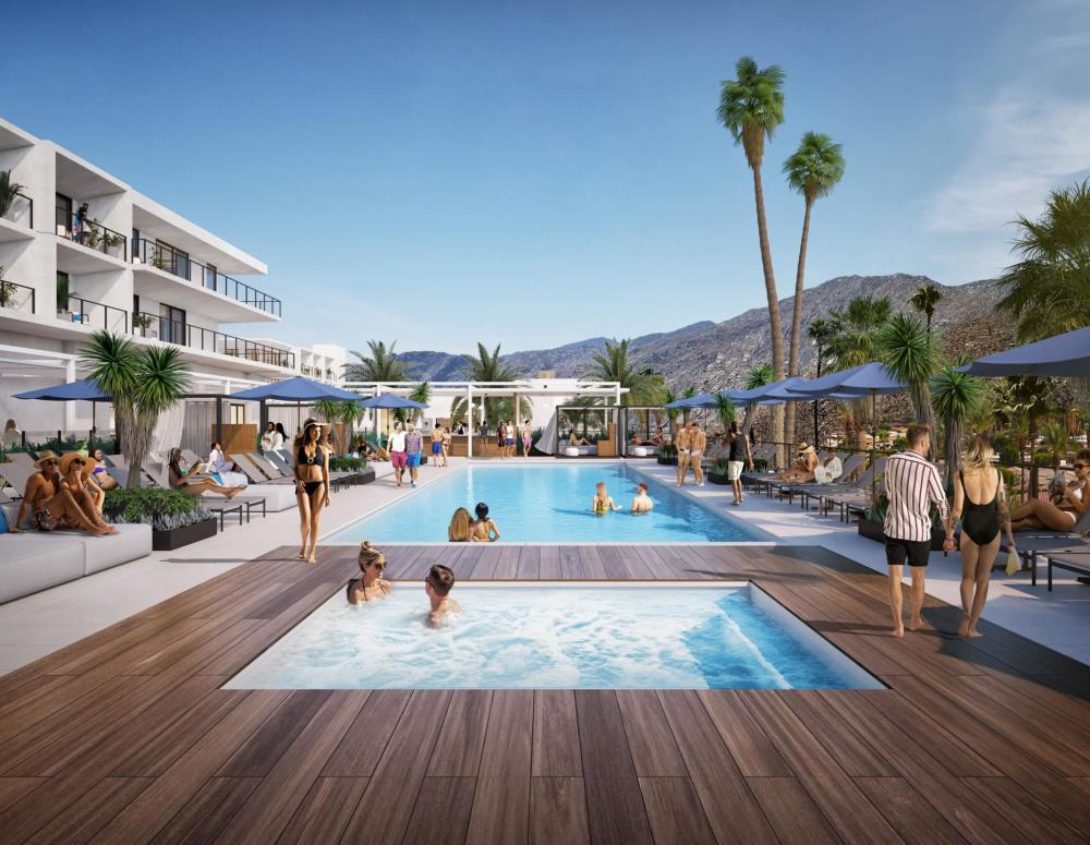 Thompson Hotel: A vibrant resort pool area with guests lounging and swimming, surrounded by palm trees and modern architecture, set against a backdrop of mountains under a clear sky.