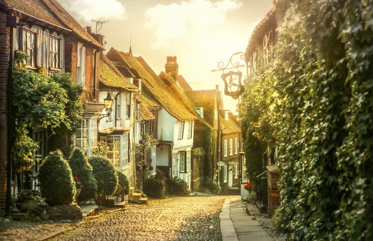 Rye cobbled street at sunset