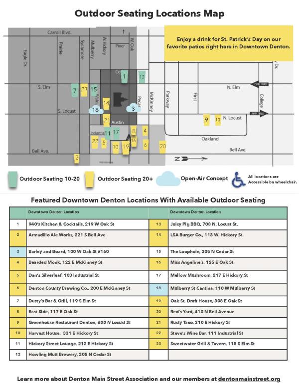 Denton Main Street Association Patio Map for St. Patrick's Day