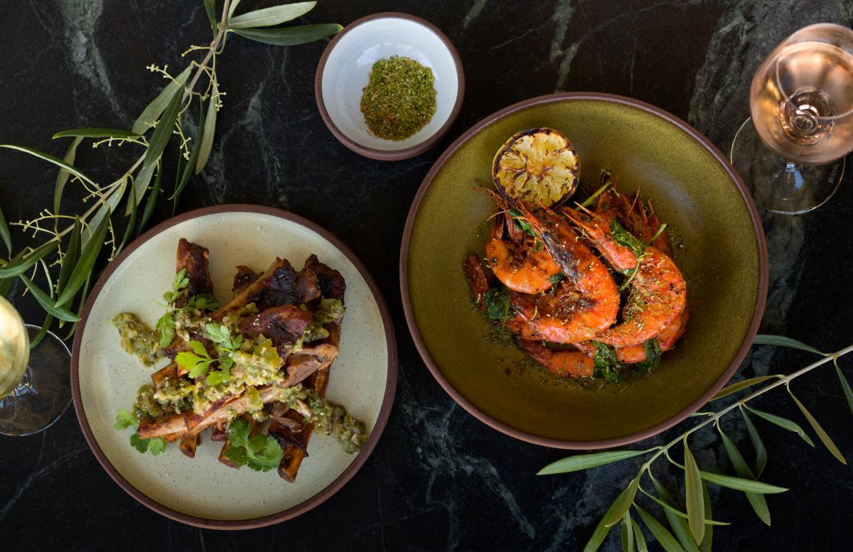 Aerial view of plated seafood dishes in a SLO Cal Restaurant