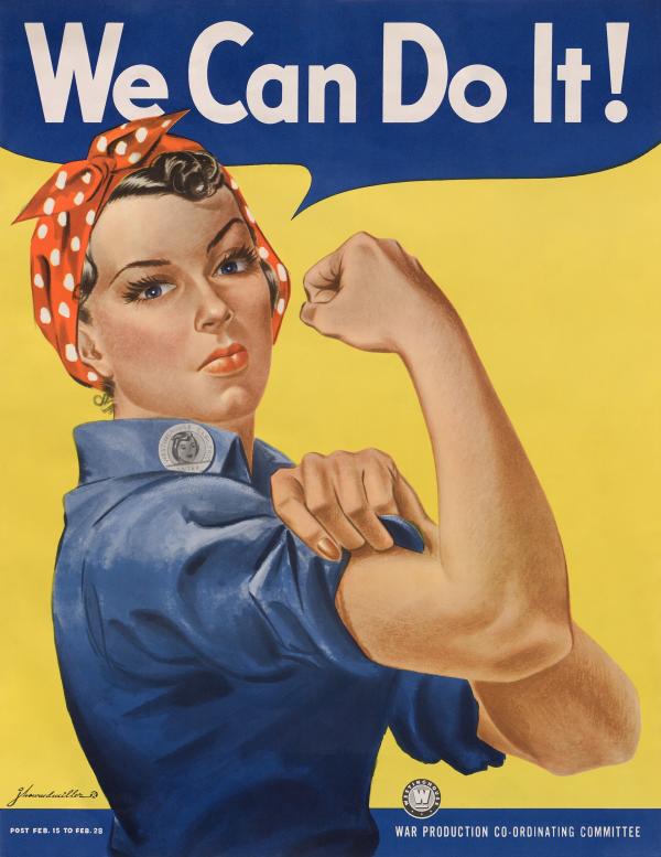 The iconic "We Can Do It!" poster featuring Rosie the Riveter flexing her arm while wearing a blue work shirt and red polka-dot bandana, symbolizing women's contributions to the World War II workforce.