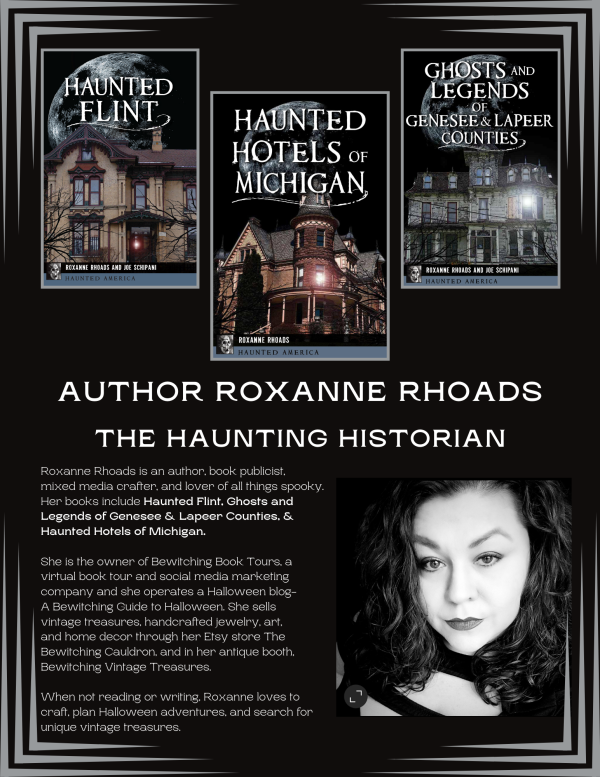 Information on author Roxanne Rhoads and her books with three books featured along the top, a headshot of her in the lower right corner, and text in the lower left corner.