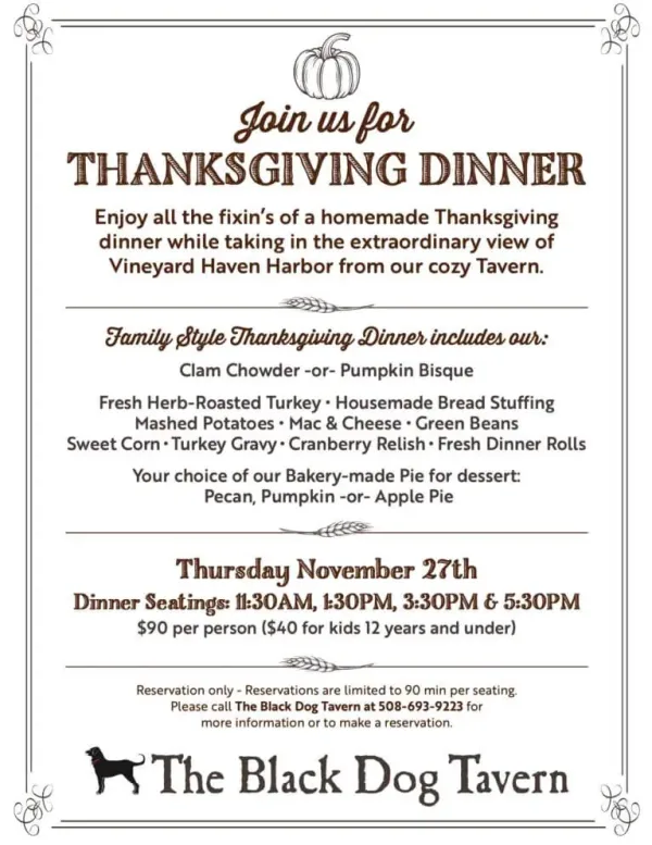 Black Dog Tavern TG meal flyer