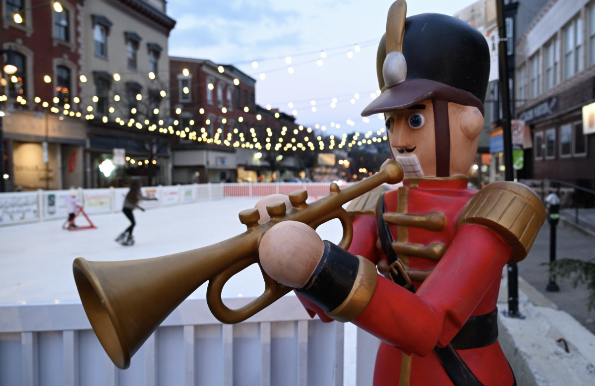 A toy soldier is seen infront of the ice skating rink at Easton winter Village