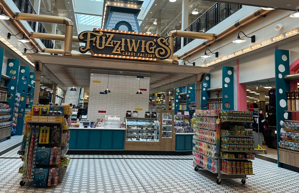 Cany and other sweet treats are displayed for sale at Fuzziwig's Candy Factory inside SCHEELS