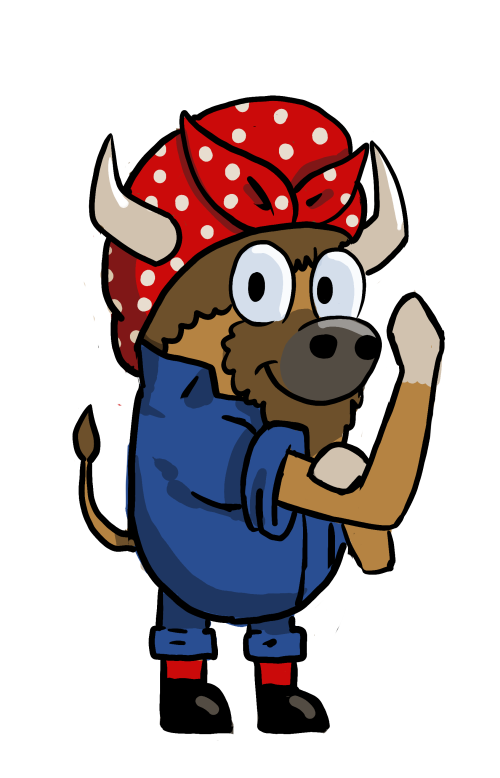 Cartoon Billie the Bison dressed as Rosie the Riveter, wearing a blue work uniform and red polka-dot bandana while flexing an arm in the iconic "We Can Do It!" pose.